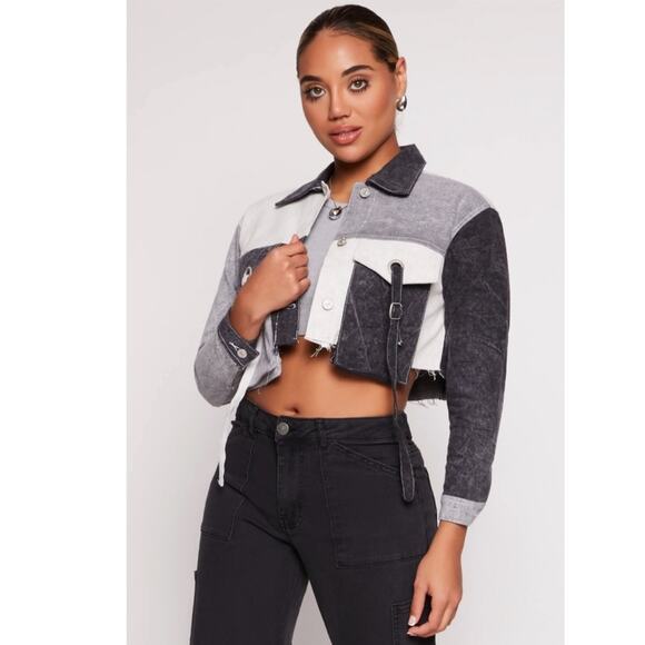 New THRILL JEANS Color Block Cropped Jean Jacket Women’s Gray - Picture 1 of 11